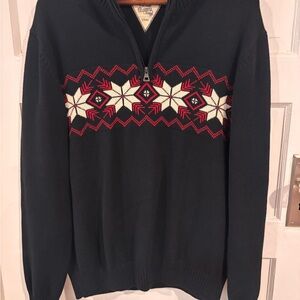 Weatherproof Vintage Black Zip-Up Sweater with Red and White Pattern Size Medium